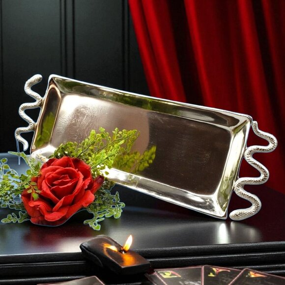 Silver Serving Tray with Snake Handles Rectangular Decorative Centerpiece - Picture 1 of 9